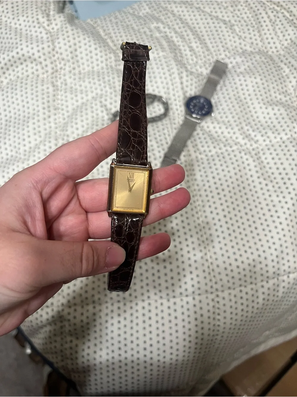 Seiko Tank Watch Unisex Gold Dial Brown Leather Strap Watch